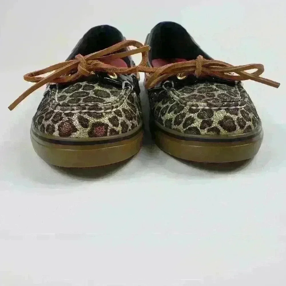 Sperry Top Sider Boat Shoes Sparkly Leopard Brown Black Raw Hide Lace Size 7.5M - Picture 3 of 16